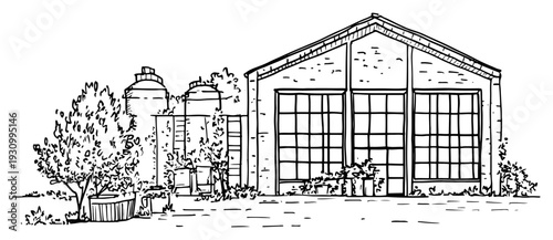 Industrial warehouse sketch with large windows and storage tanks in a landscape setting