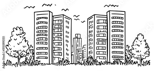 City skyline sketch with tall skyscrapers and high rise apartment blocks