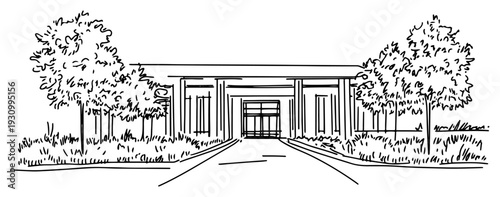 Architectural sketch of a modern institutional building entrance with driveway and trees