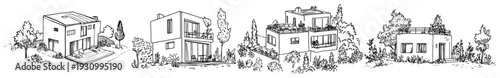 Set of four modern minimalist villa sketches with luxury architectural design