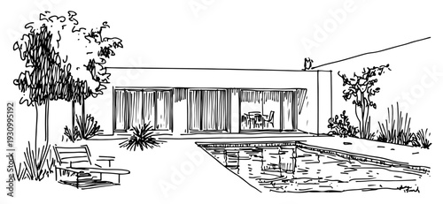Hand drawn architectural sketch of a modern villa with swimming pool and lounge area