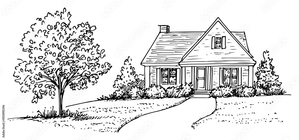 Fototapeta premium Small traditional house sketch with a gabled roof and large tree in the yard