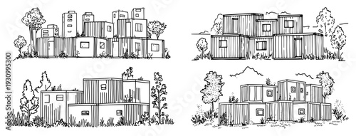 Collection of modular container house sketches showing contemporary sustainable architecture