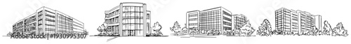Set of architectural sketches showing modern office buildings and commercial business centers