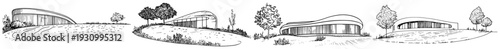 Set of architectural sketches showing modern organic buildings with curved lines and pavilions