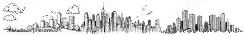 Panoramic hand drawn sketch of a modern city skyline with skyscrapers and clouds