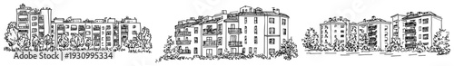 Collection of hand drawn architectural sketches showing various residential apartment blocks