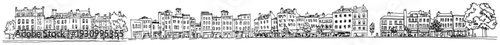 Wide architectural sketch of a traditional European city street with old townhouses