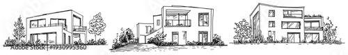 Set of modern minimalist house sketches with contemporary architecture and gardens