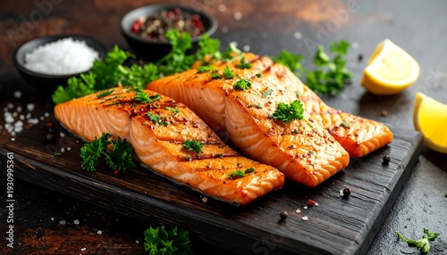 Grilled Salmon Fillets with Lemon and Parsley on Wooden Board.