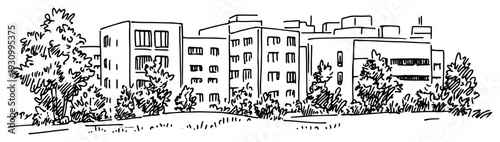 Hand drawn illustration of a modern residential building complex with lush trees