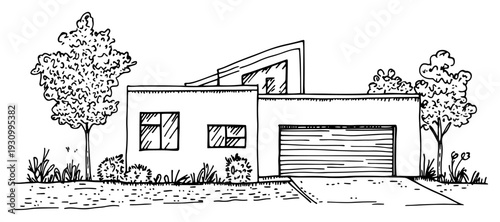 Hand drawn sketch of a modern single story house with a garage and garden trees