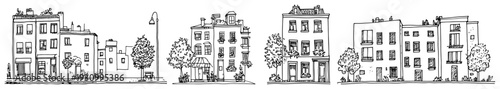 Architectural collection of traditional townhouse sketches and cozy city street buildings