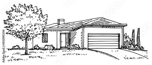 Simple architectural sketch of a suburban family home with a garage and driveway