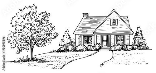 Small traditional house sketch with a gabled roof and large tree in the yard