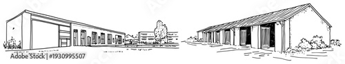 Industrial warehouse and traditional farm building sketches in hand drawn style