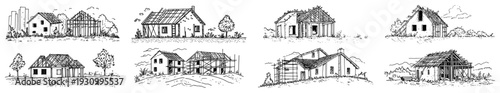 Collection of hand drawn sketches showing various stages of traditional house construction and wooden framing
