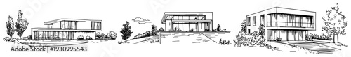 Set of hand drawn architectural sketches featuring modern luxury houses with minimalist design and flat roofs