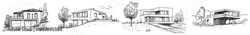 Collection of contemporary villa sketches showing modern architecture with large windows and balcony terraces