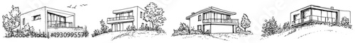 Hand drawn sketches of modern residential houses with cubic shapes and minimalist architectural features