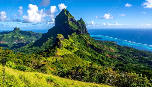 Lush Green Mountain Landscape with Ocean View in Moorea, French Polynesia.
