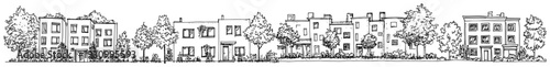 Long panoramic sketch of a suburban neighborhood street with modern row houses and townhouse architecture