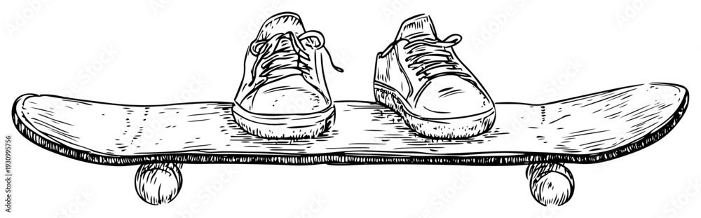 Obraz premium Detailed hand drawn sketch of sneakers on a skateboard deck