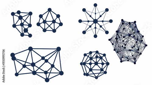 Abstract graphic illustration featuring interconnected dark blue circles and lines on a white background