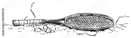 Detailed hand drawn sketch of a tennis racket and ball lying on the court floor