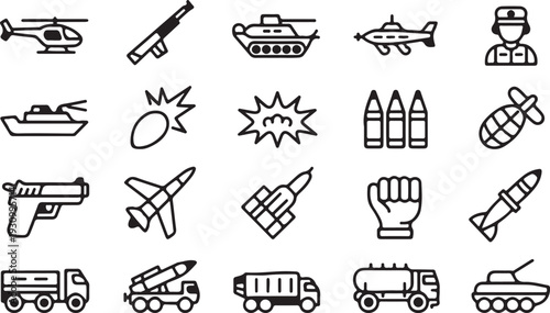 Essential military vehicles, weapons, and personnel outline icons for defense applications