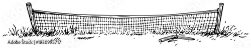 Horizontal hand drawn sketch of a tennis net standing on a grassy field