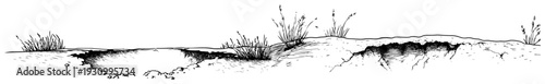 Hand drawn landscape sketch of a rough terrain with holes and wild grass