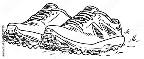 Detailed hand drawn sketch of a pair of modern running shoes on the grass