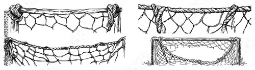 Hand drawn sketches of vintage fishing nets and nautical rope fences