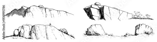 Set of architectural sketches showing rocky mountain landscapes and cliff formations