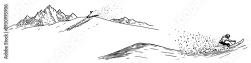Action sketch of a person snowboarding down a snowy mountain slope