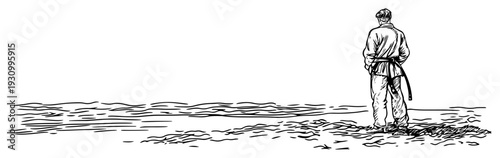 Sketch of a martial artist in a kimono standing on the seashore