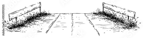 Hand drawn perspective sketch of a countryside road with guardrails and grass