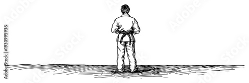 Hand drawn sketch of a karate master from behind standing in a ready stance