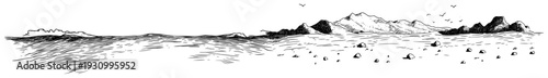 Wide panoramic hand drawn sketch of a coastal landscape with mountains and sea