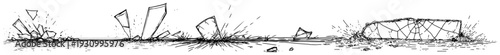 Hand drawn sketch of shattered glass pieces or ice shards scattered on ground