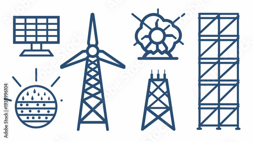 Collection of stylized illustrations depicting renewable energy sources. Featuring lines in blue