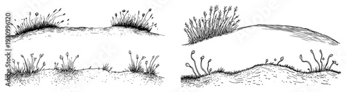 Set of minimalist hand drawn sketches of soil mounds with small sprouting plants and grass tufts