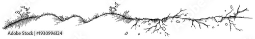 Hand drawn sketch of low grassy mounds and ground surface with roots