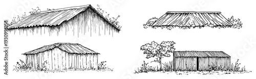 Set of hand drawn sketches featuring rustic wooden huts and sheds