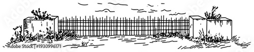 Horizontal architectural sketch of a fence between concrete pillars outdoors