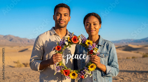 a guy and a girl are holding a round wreath of flowers with the word 