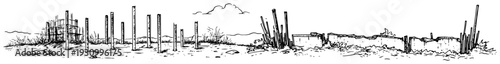 Long panoramic sketch of a shoreline fence with vertical posts