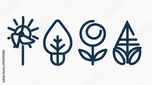 Four stylized eco symbols in a dark blue, including a pinwheel, leaf, flower, and abstract plant