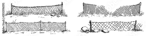 Hand drawn sketch of wire mesh fences and broken chain link barriers